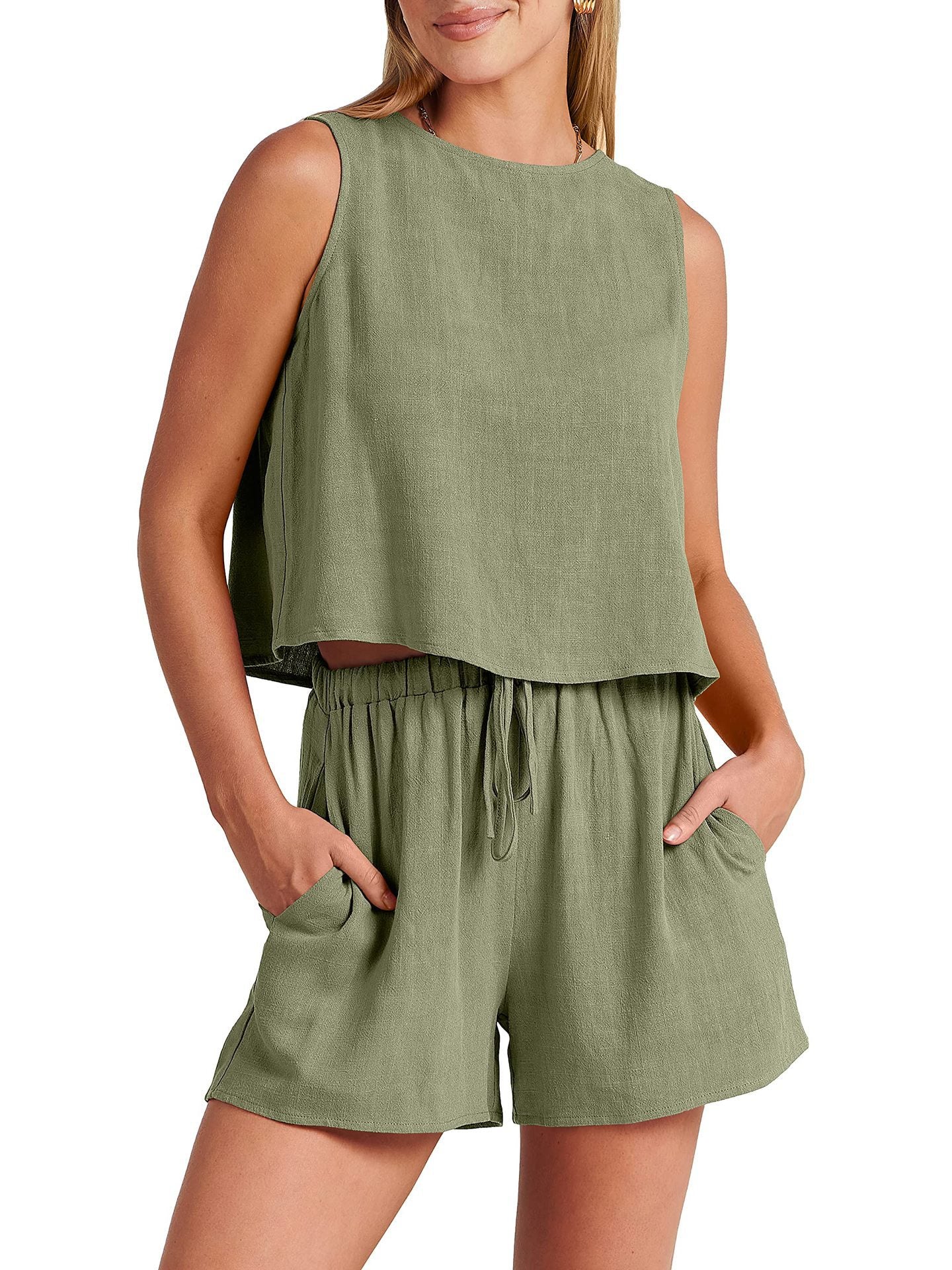Women’s Summer Cotton & Linen Sleeveless Two-Piece Set – Casual Loose Top & Shorts.