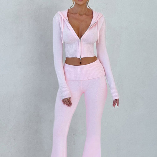 Women’s Spring 2025 Slim-Fit Hooded Short Top & Casual Pants Two-Piece Set.