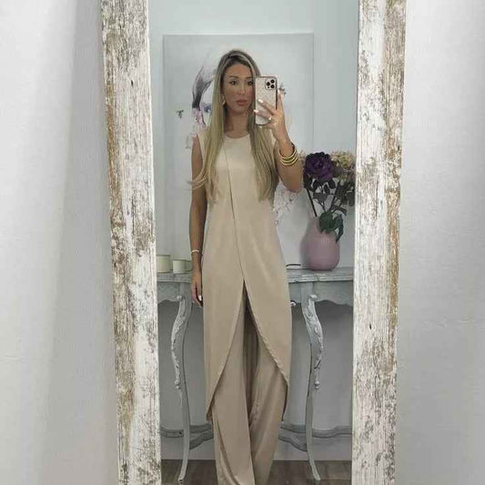 Women’s Summer Casual Sleeveless Loose Round Neck Two-Piece Set with Pants.