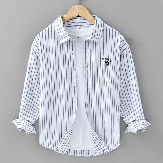 Men’s Casual Embroidered Striped Cotton Long-Sleeve Shirt – Japanese Style Spring & Autumn Fashion.