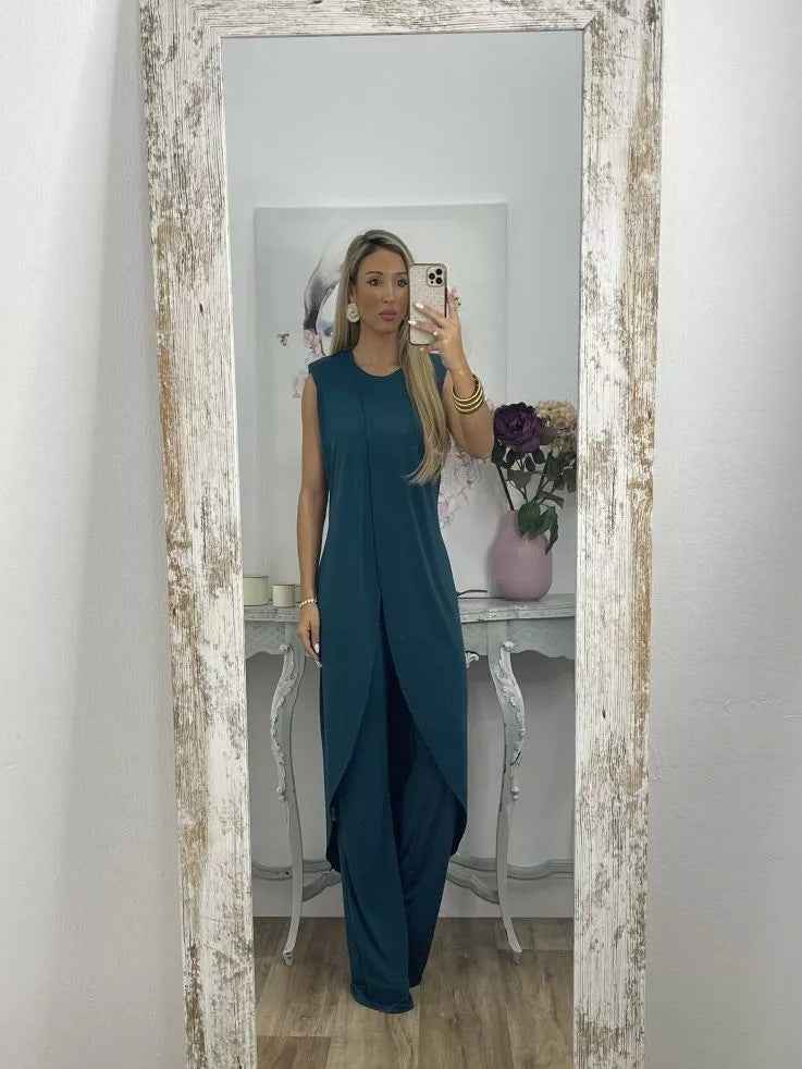 Women’s Summer Casual Sleeveless Loose Round Neck Two-Piece Set with Pants.