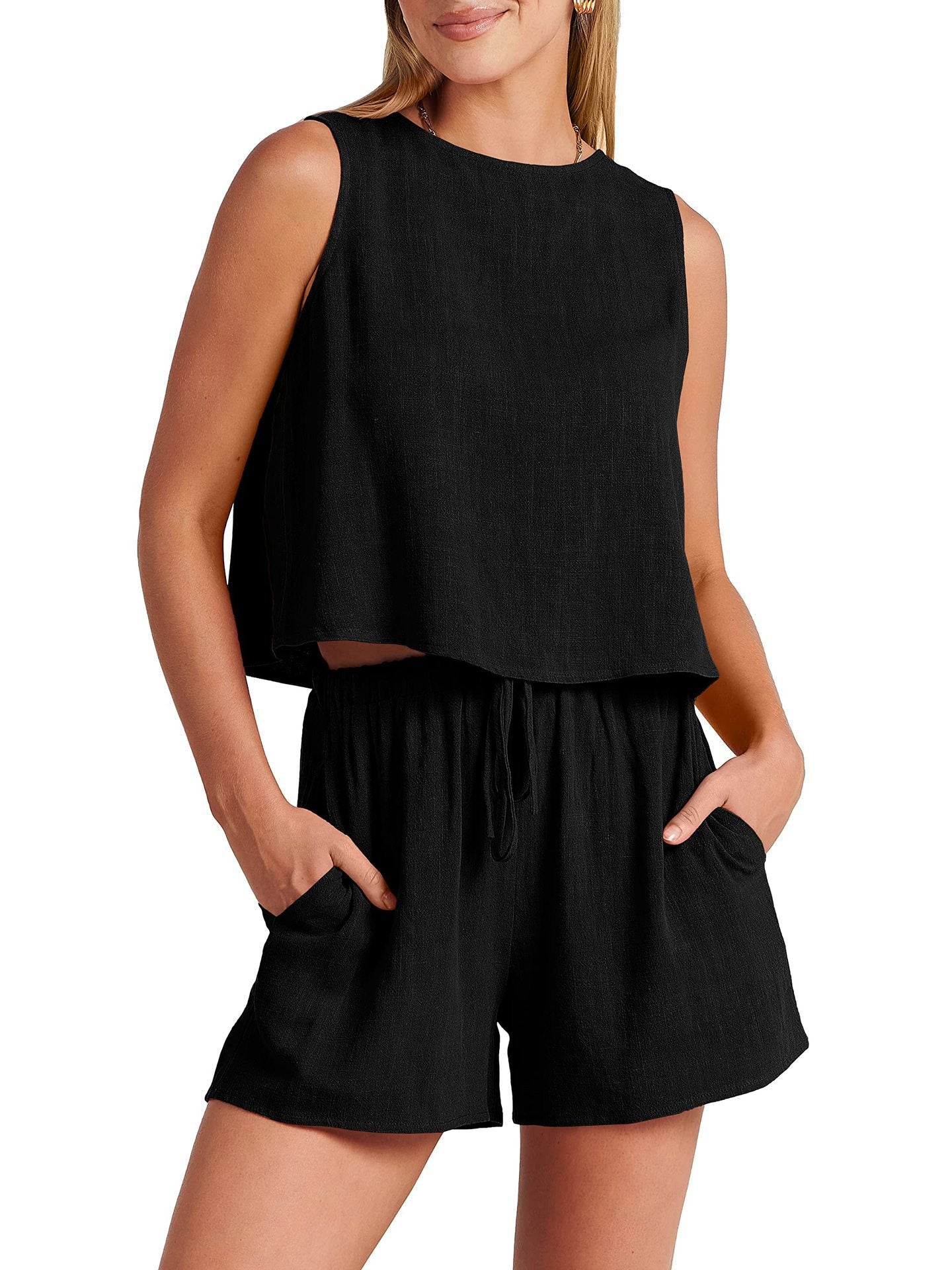 Women’s Summer Cotton & Linen Sleeveless Two-Piece Set – Casual Loose Top & Shorts.