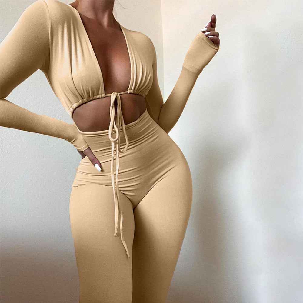Women’s Sexy Lace-Up Hollow Crop Top & Slim-Fit Pants 2-Piece Set – Solid Color Fashion Outfit.