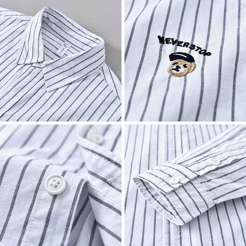 Men’s Casual Embroidered Striped Cotton Long-Sleeve Shirt – Japanese Style Spring & Autumn Fashion.