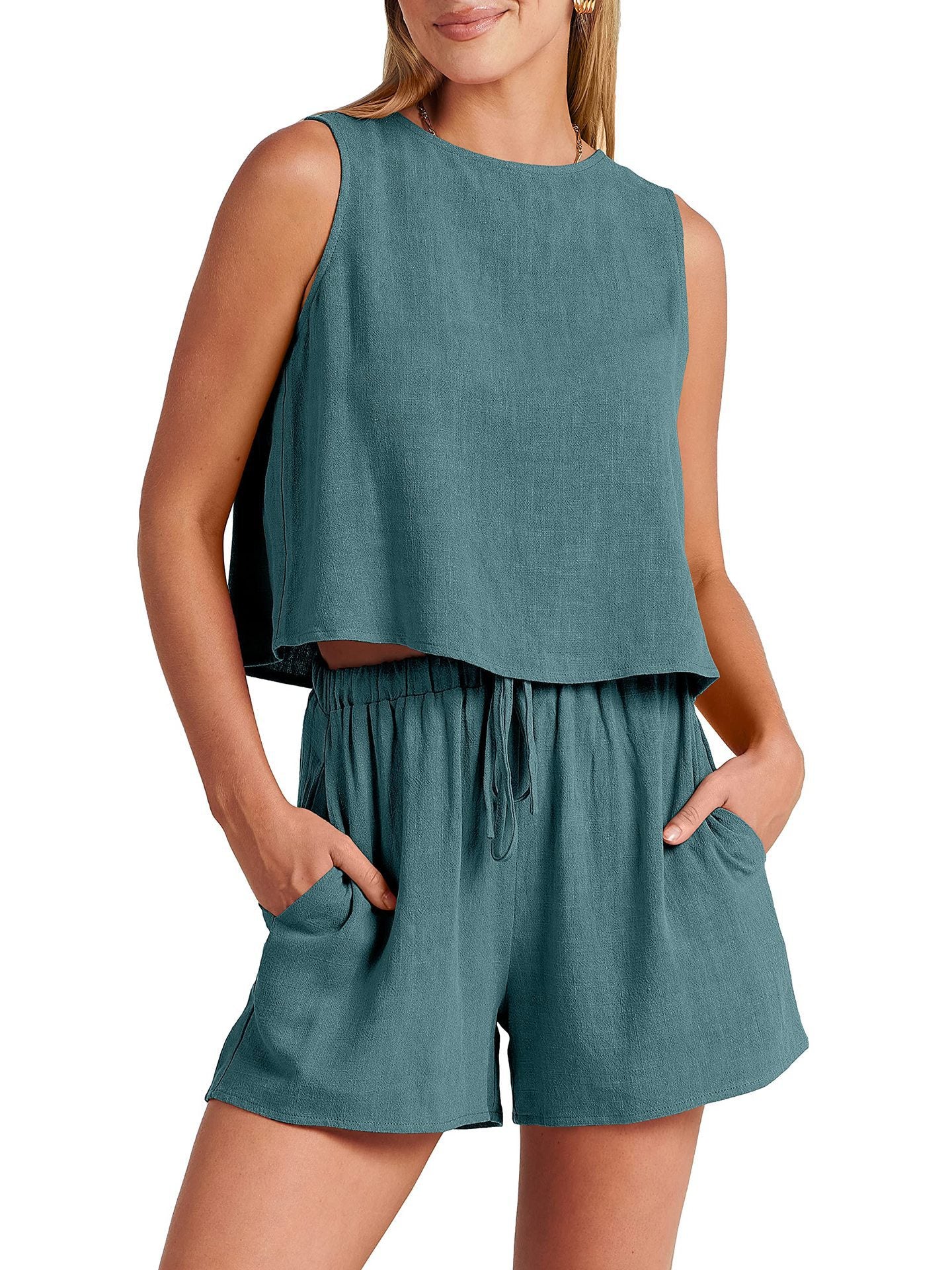 Women’s Summer Cotton & Linen Sleeveless Two-Piece Set – Casual Loose Top & Shorts.