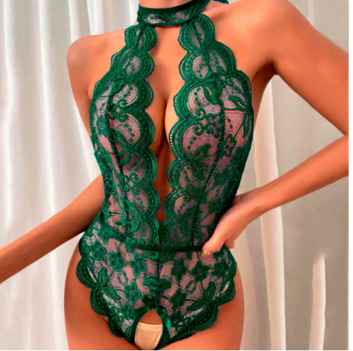 Women’s Sexy Lace Hollow-Out Halter Lace-Up One-Piece Lingerie – Perspective Design.