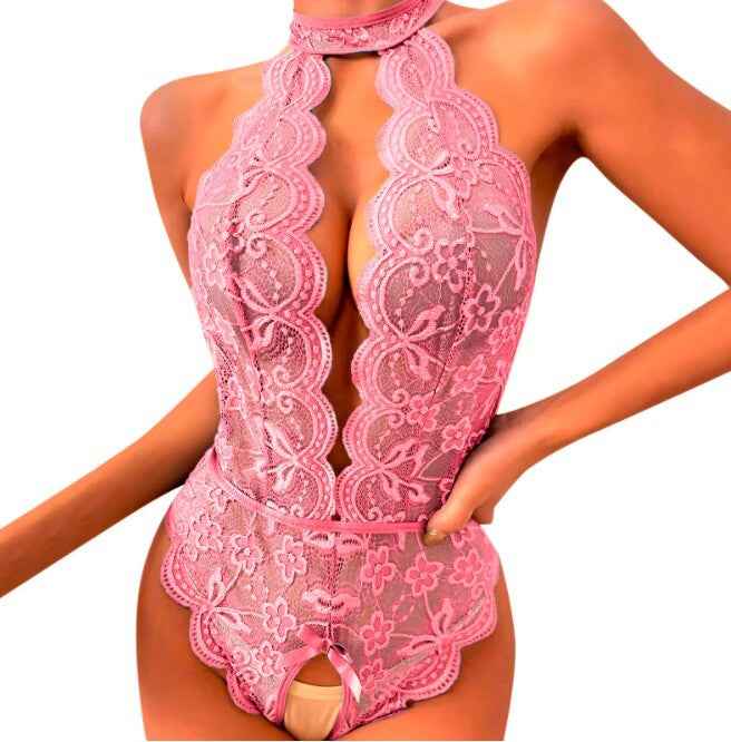 Women’s Sexy Lace Hollow-Out Halter Lace-Up One-Piece Lingerie – Perspective Design.
