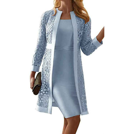 Women’s Solid Color Lace Hollow Cardigan & Sleeveless Short Skirt Set – Elegant 2-Piece Outfit.