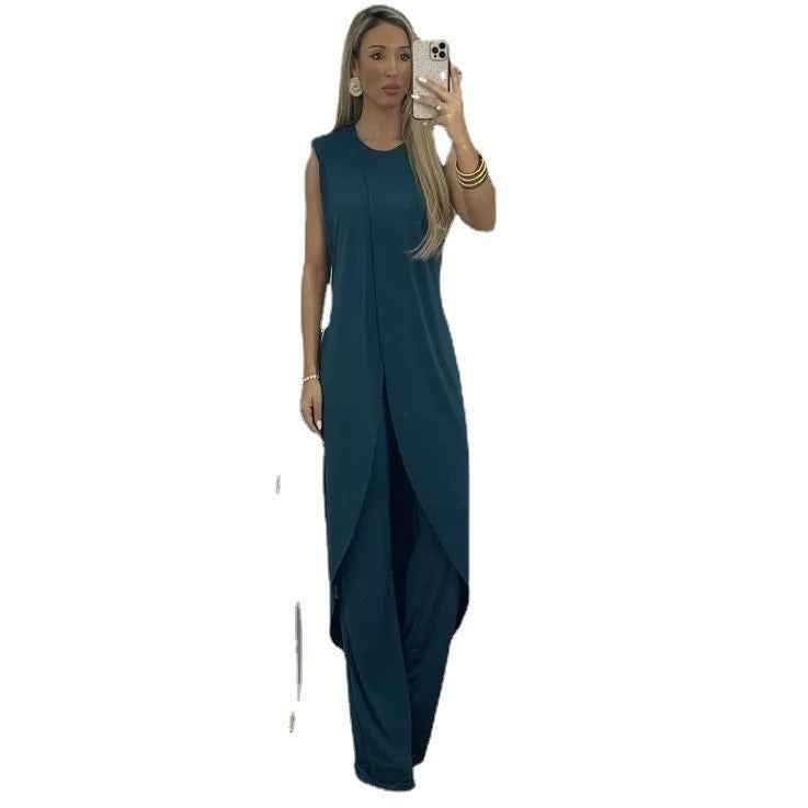 Women’s Summer Casual Sleeveless Loose Round Neck Two-Piece Set with Pants.