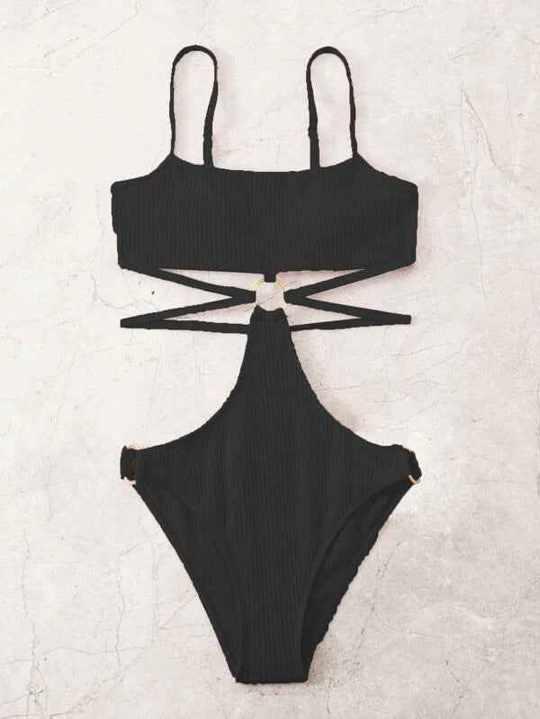 Women’s Sexy Hollow Solid Color One-Piece Swimsuit – Stylish Swimwear.