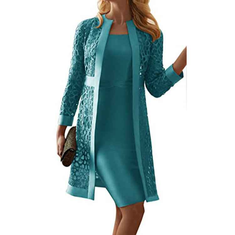 Women’s Solid Color Lace Hollow Cardigan & Sleeveless Short Skirt Set – Elegant 2-Piece Outfit.