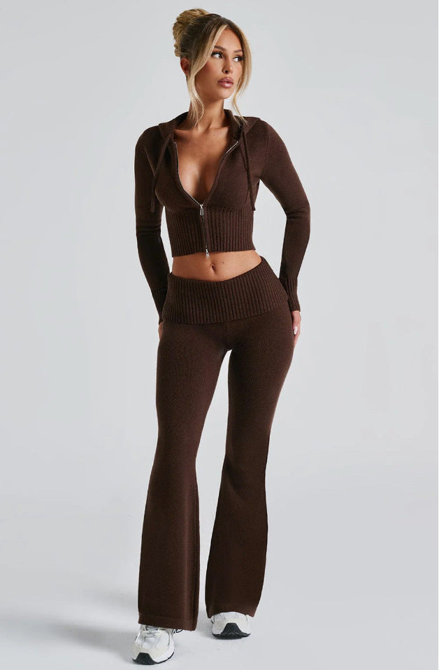 Women’s Spring 2025 Slim-Fit Hooded Short Top & Casual Pants Two-Piece Set.