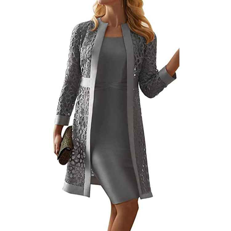 Women’s Solid Color Lace Hollow Cardigan & Sleeveless Short Skirt Set – Elegant 2-Piece Outfit.