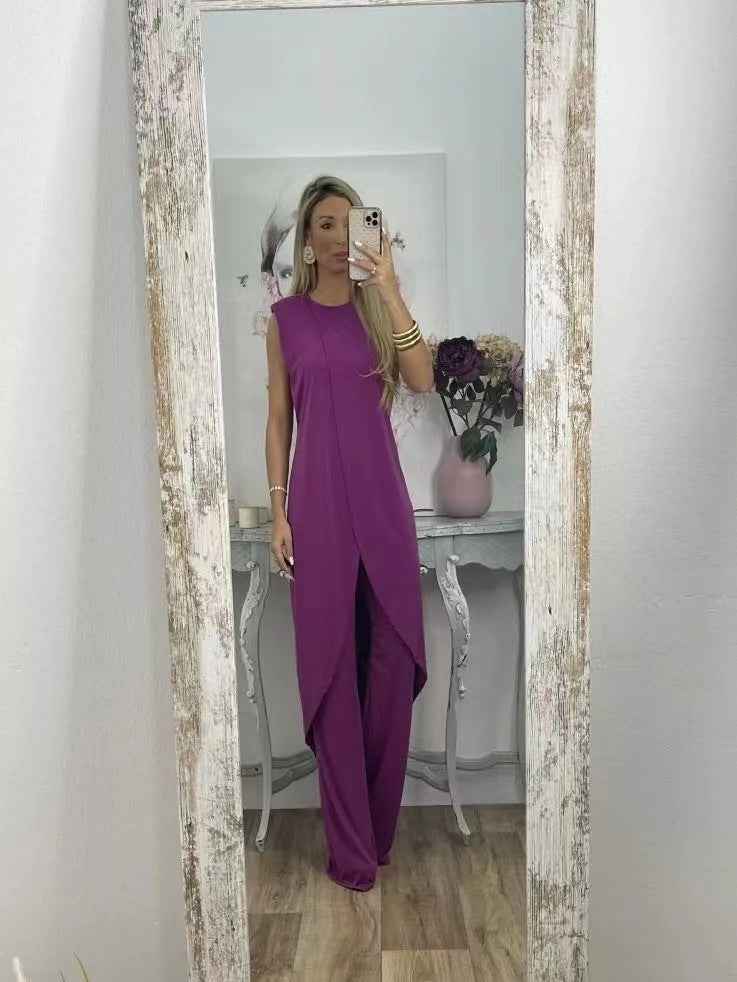 Women’s Summer Casual Sleeveless Loose Round Neck Two-Piece Set with Pants.