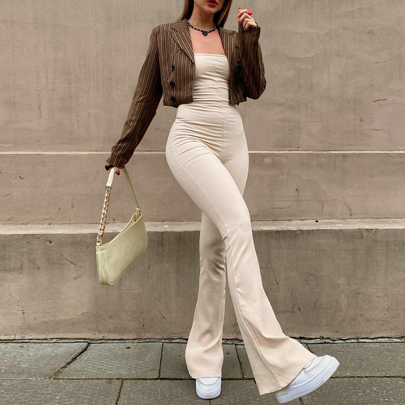 Women’s Solid Color Strapless Backless Jumpsuit – Autumn Casual One-Piece Outfit.