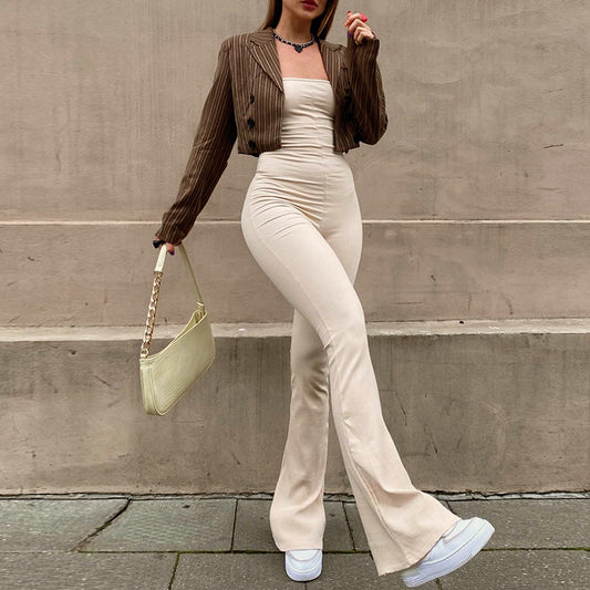 Women’s Solid Color Strapless Backless Jumpsuit – Autumn Casual One-Piece Outfit.
