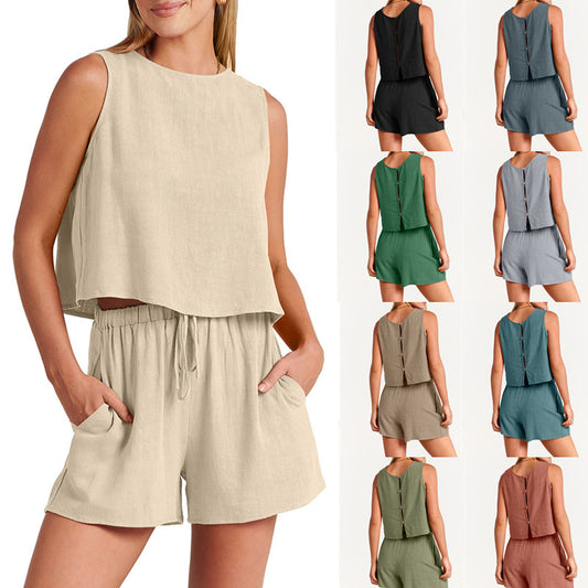 Women’s Summer Cotton & Linen Sleeveless Two-Piece Set – Casual Loose Top & Shorts.