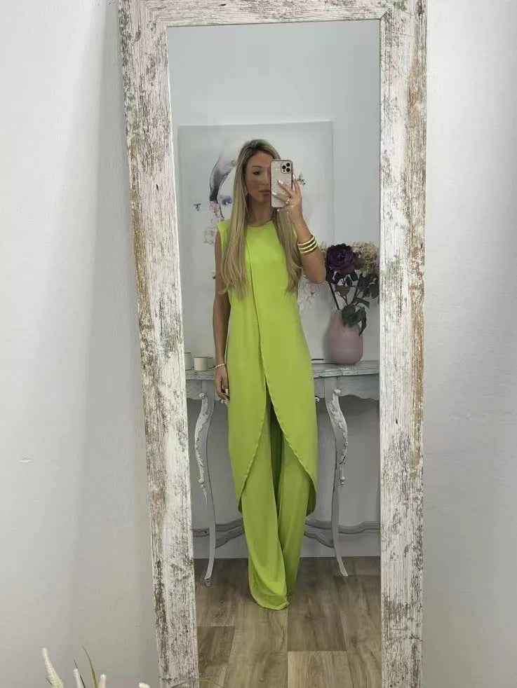 Women’s Summer Casual Sleeveless Loose Round Neck Two-Piece Set with Pants.