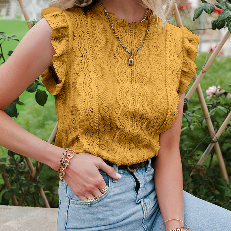 Women’s White Lace Sleeveless Short Top – Casual Ruffled Stitching Solid Shirt.