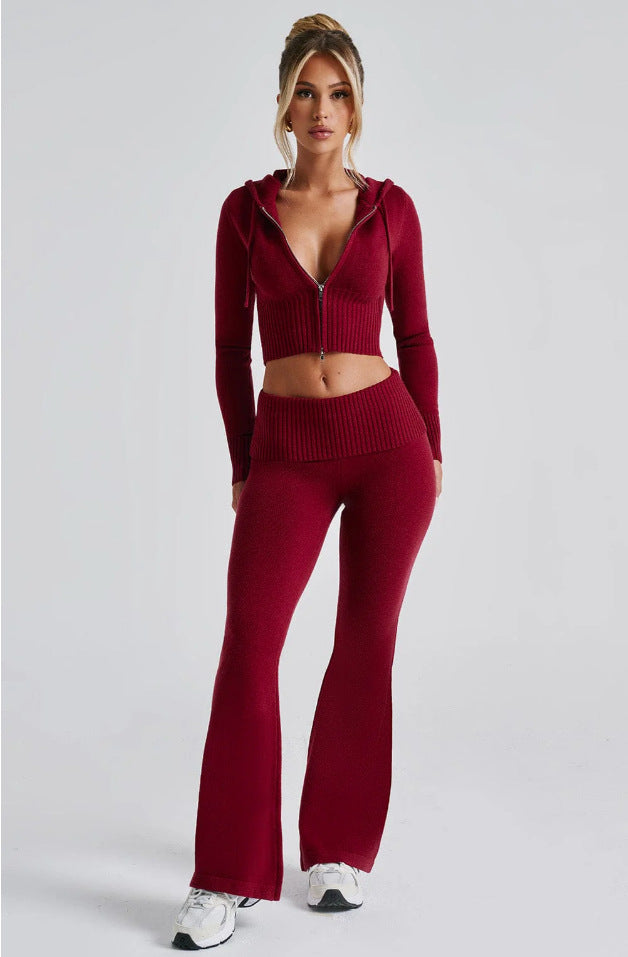 Women’s Spring 2025 Slim-Fit Hooded Short Top & Casual Pants Two-Piece Set.