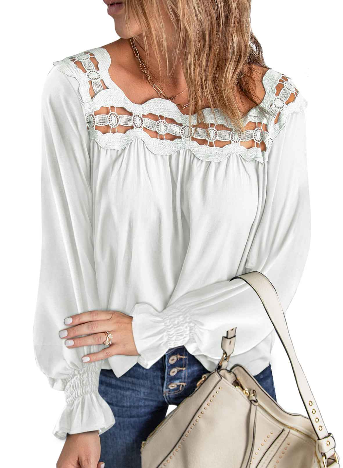 Women’s Loose Pullover Hollow Lace Square Collar Long-Sleeve Top – Autumn & Winter Fashion.