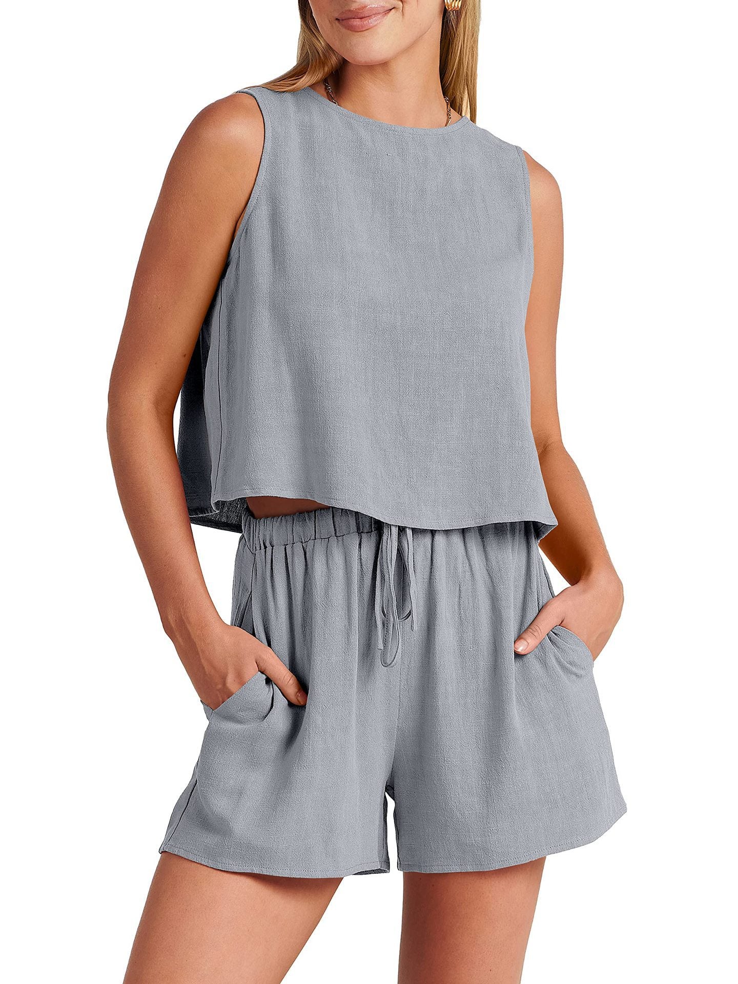 Women’s Summer Cotton & Linen Sleeveless Two-Piece Set – Casual Loose Top & Shorts.