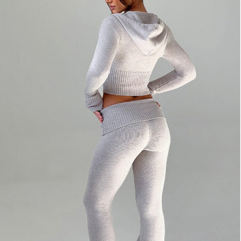 Women’s Spring 2025 Slim-Fit Hooded Short Top & Casual Pants Two-Piece Set.