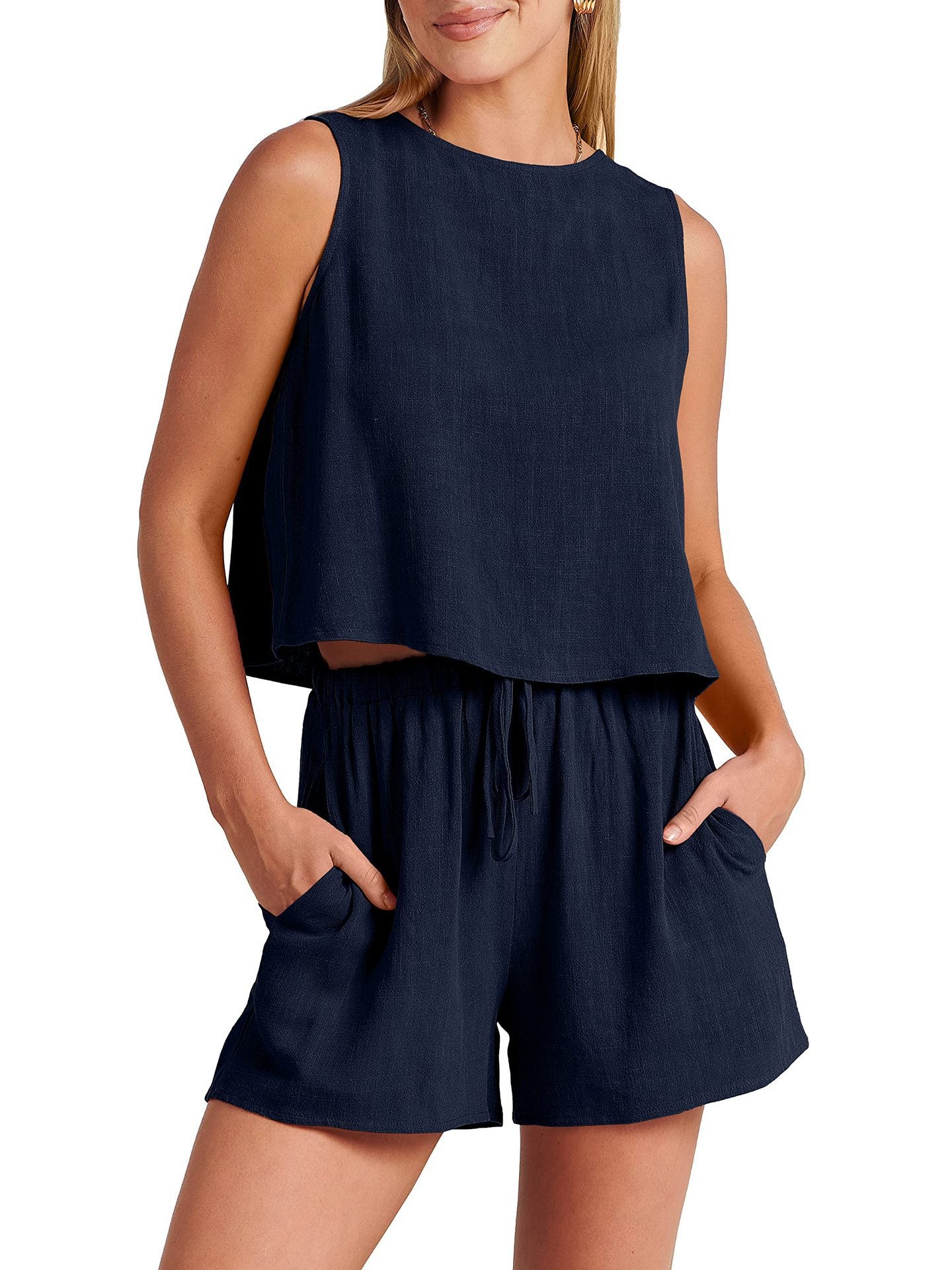 Women’s Summer Cotton & Linen Sleeveless Two-Piece Set – Casual Loose Top & Shorts.