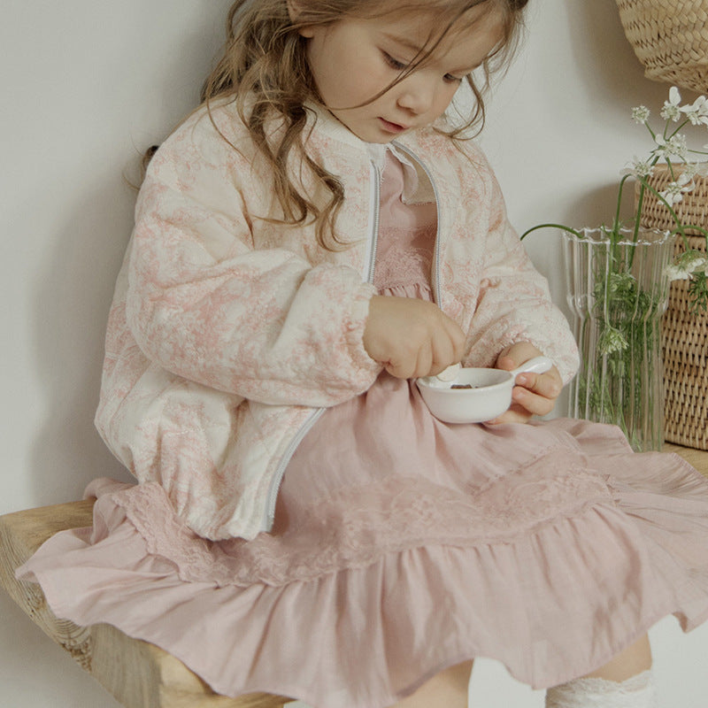 Girls’ Spring Strawberry Shan Cotton Lace Tank Top Dress – Solid Color French Style.
