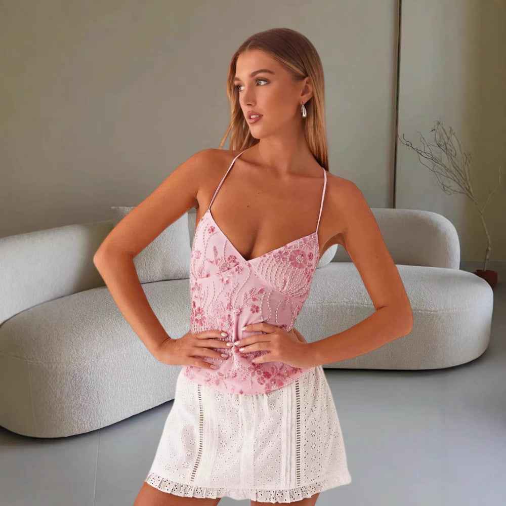 Women’s Dopamine Strapless Sling Top – Sleeveless Embroidered Beaded Back Lace-Up Summer 2025.