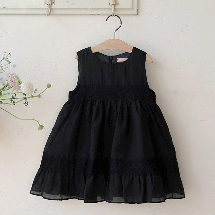 Girls’ Spring Strawberry Shan Cotton Lace Tank Top Dress – Solid Color French Style.