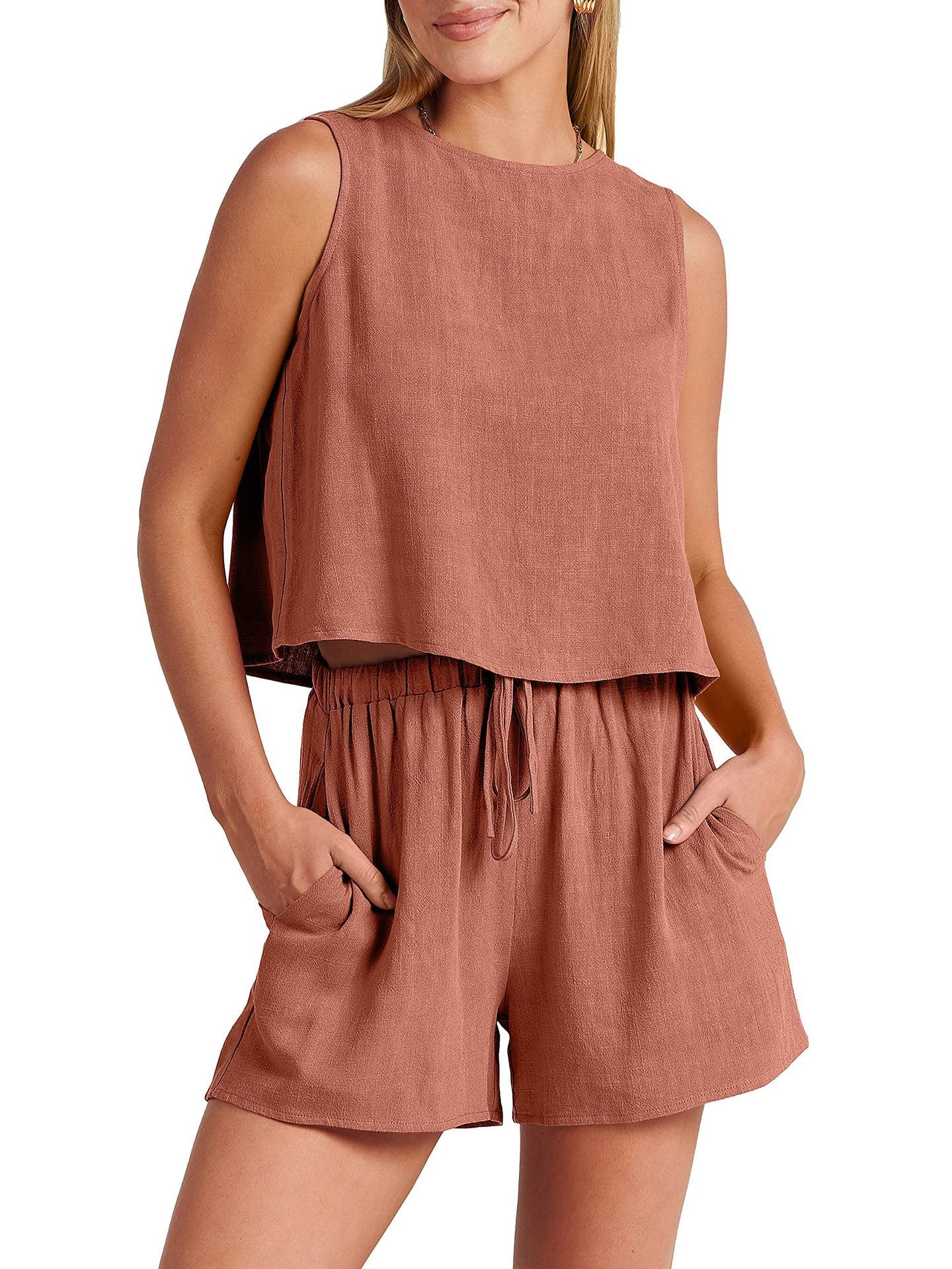 Women’s Summer Cotton & Linen Sleeveless Two-Piece Set – Casual Loose Top & Shorts.
