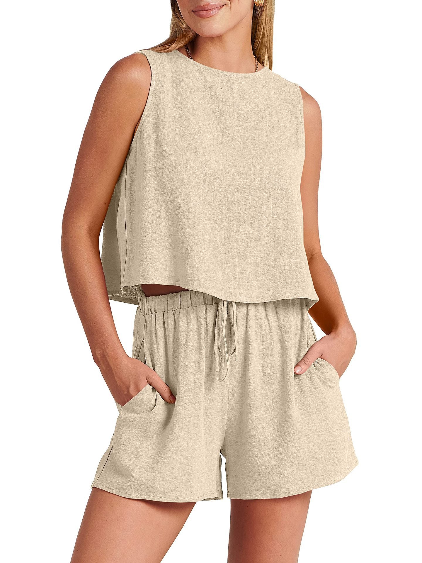 Women’s Summer Cotton & Linen Sleeveless Two-Piece Set – Casual Loose Top & Shorts.