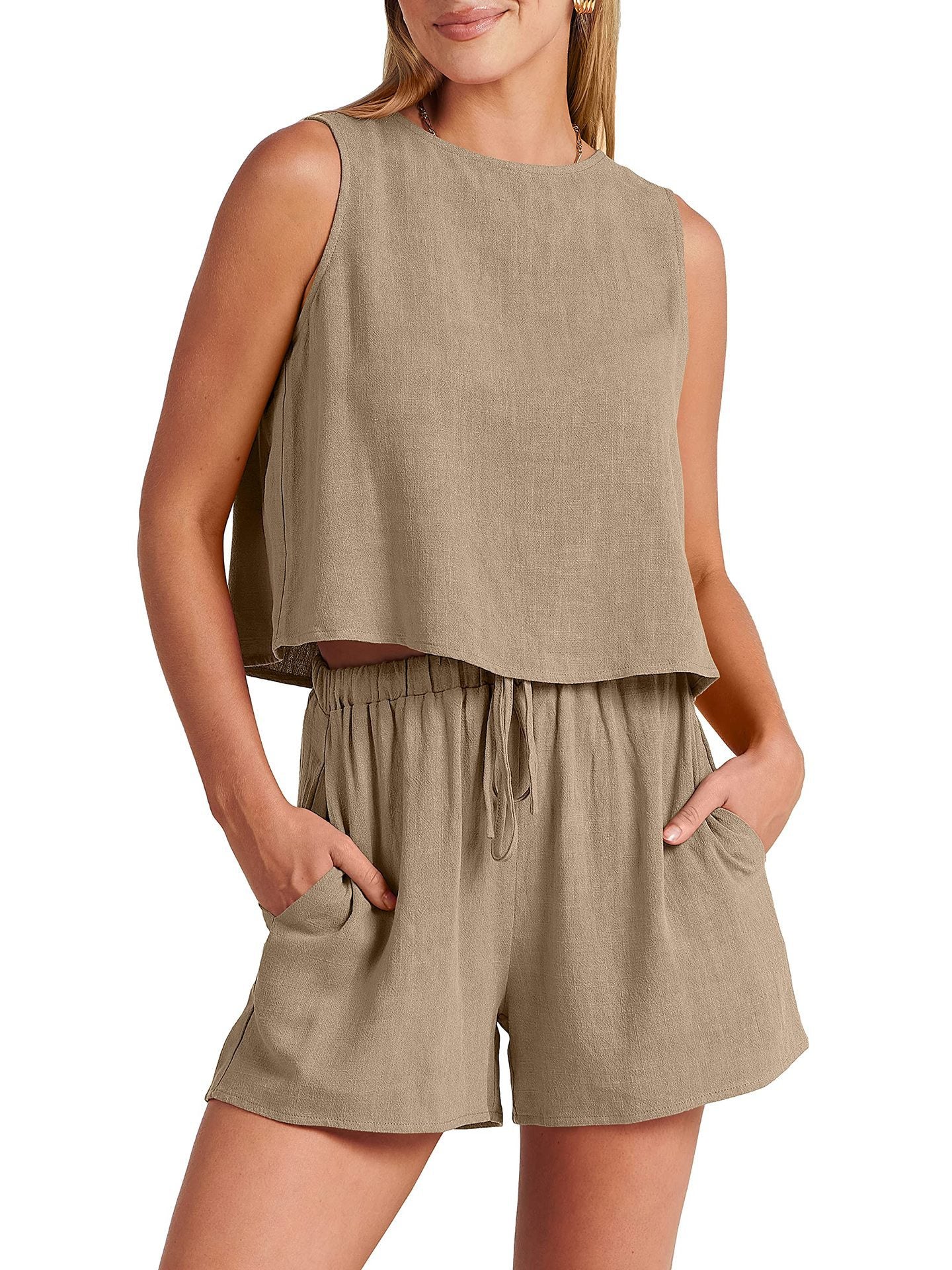Women’s Summer Cotton & Linen Sleeveless Two-Piece Set – Casual Loose Top & Shorts.