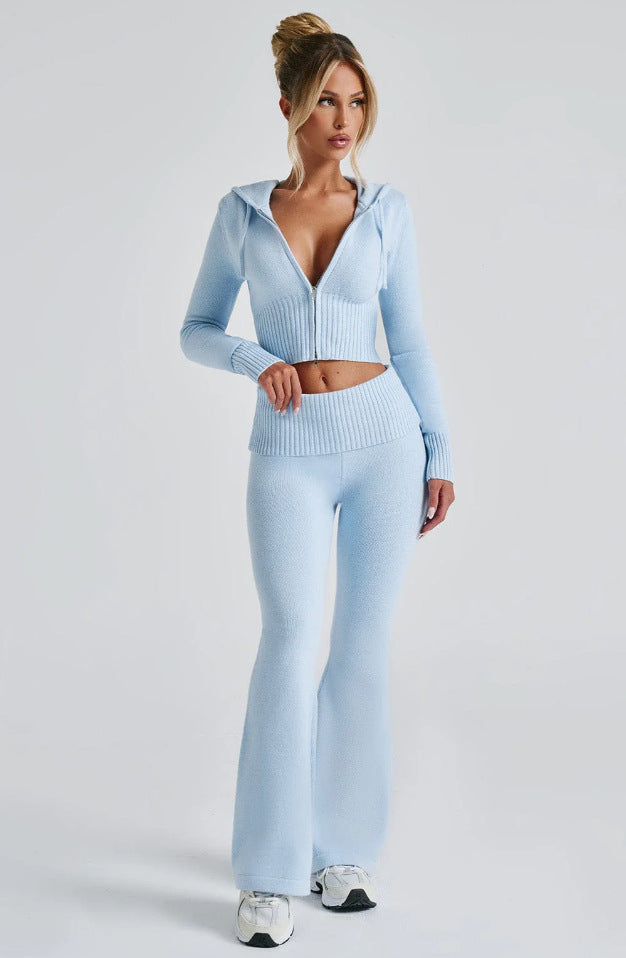 Women’s Spring 2025 Slim-Fit Hooded Short Top & Casual Pants Two-Piece Set.