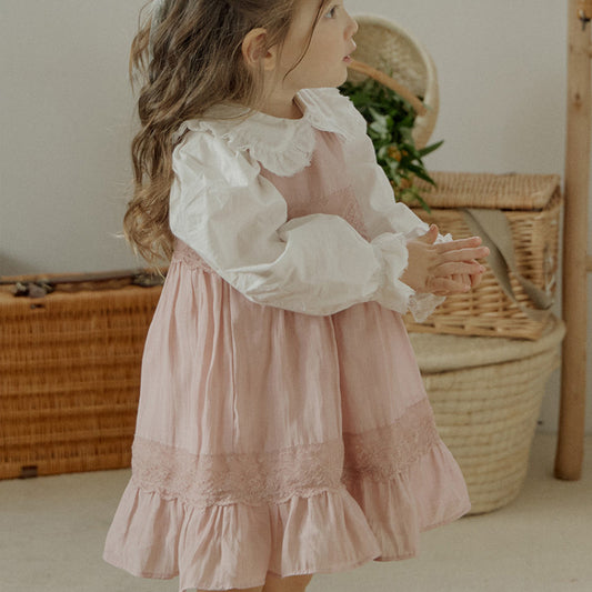 Girls’ Spring Strawberry Shan Cotton Lace Tank Top Dress – Solid Color French Style.
