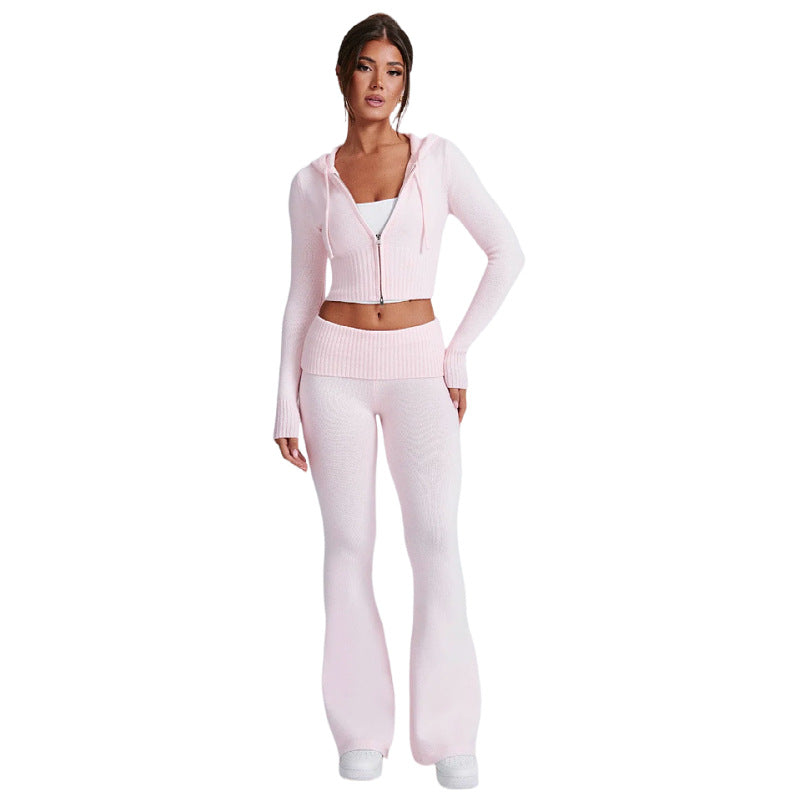 Women’s Spring 2025 Slim-Fit Hooded Short Top & Casual Pants Two-Piece Set.