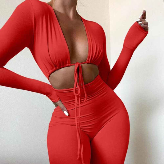 Women’s Sexy Lace-Up Hollow Crop Top & Slim-Fit Pants 2-Piece Set – Solid Color Fashion Outfit.