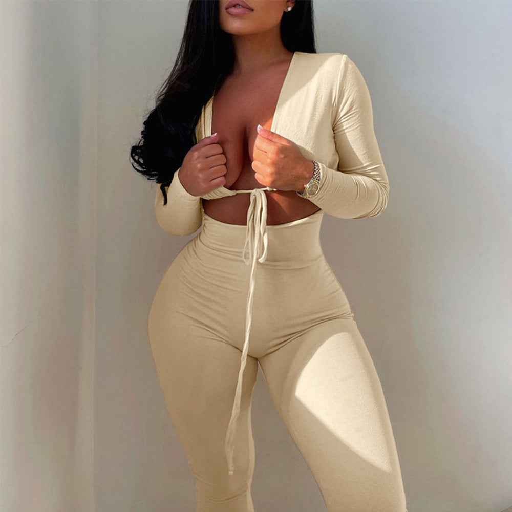 Women’s Sexy Lace-Up Hollow Crop Top & Slim-Fit Pants 2-Piece Set – Solid Color Fashion Outfit.