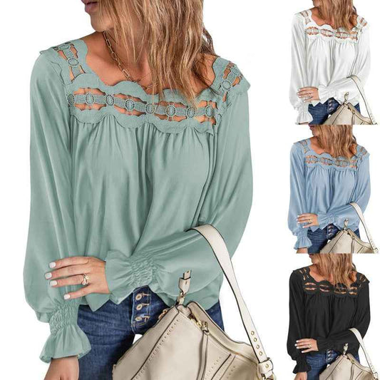 Women’s Loose Pullover Hollow Lace Square Collar Long-Sleeve Top – Autumn & Winter Fashion.