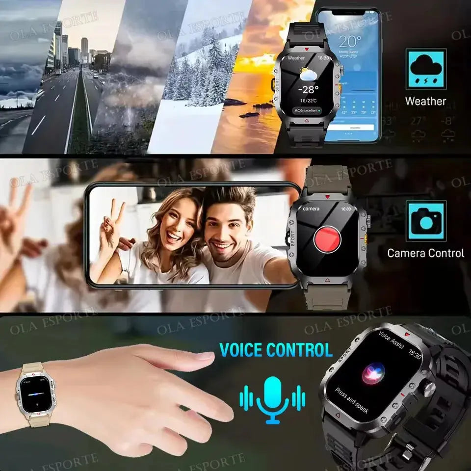 2025 Outdoor Sports Smartwatch features: weather updates, camera control, and voice control functionality.