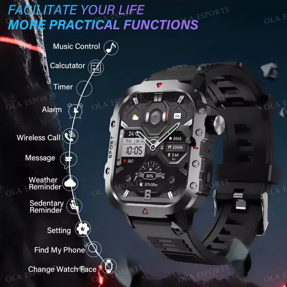 2025 Outdoor Sports Smartwatch features including music control, calculator, and weather reminders.