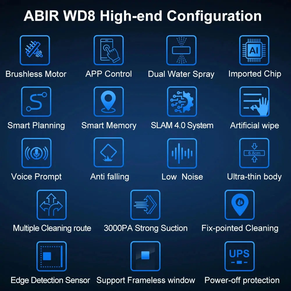 ABIR WD8 Robot Window Cleaner | Smart Glass Cleaning Robot with Dual Water Spray & Laser Sensor.