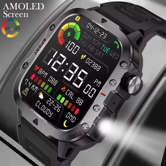2025 Outdoor Sports Smartwatch with AMOLED screen, showing time, fitness stats, and battery life indicators.