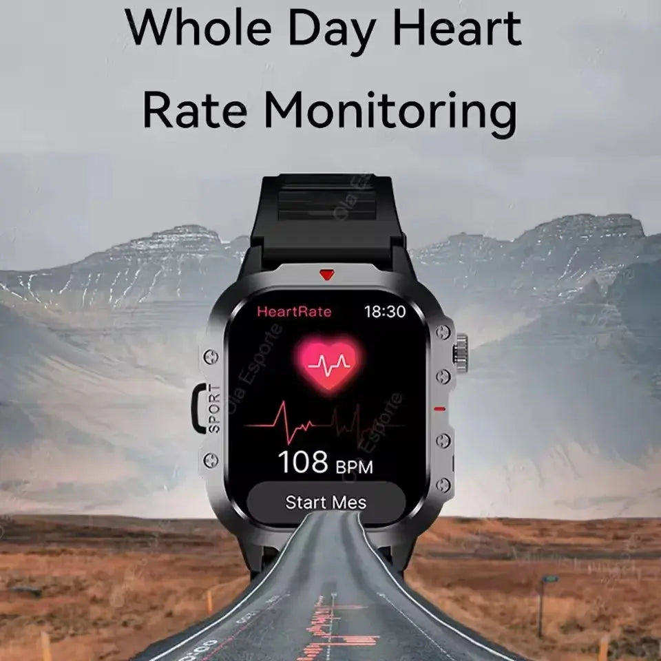 2025 Outdoor Sports Smartwatch displaying heart rate monitoring on scenic backdrop.