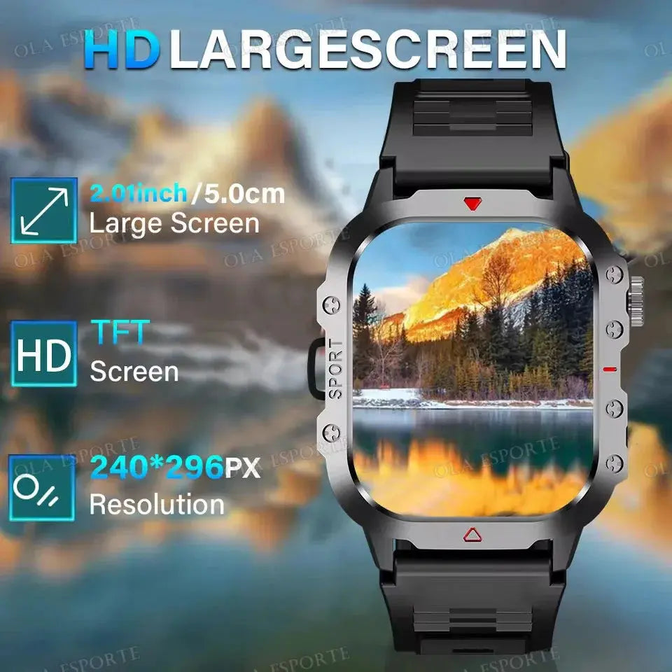 2025 Outdoor Sports Smartwatch displaying 2.01" HD screen with vibrant nature image and features like resolution and size.