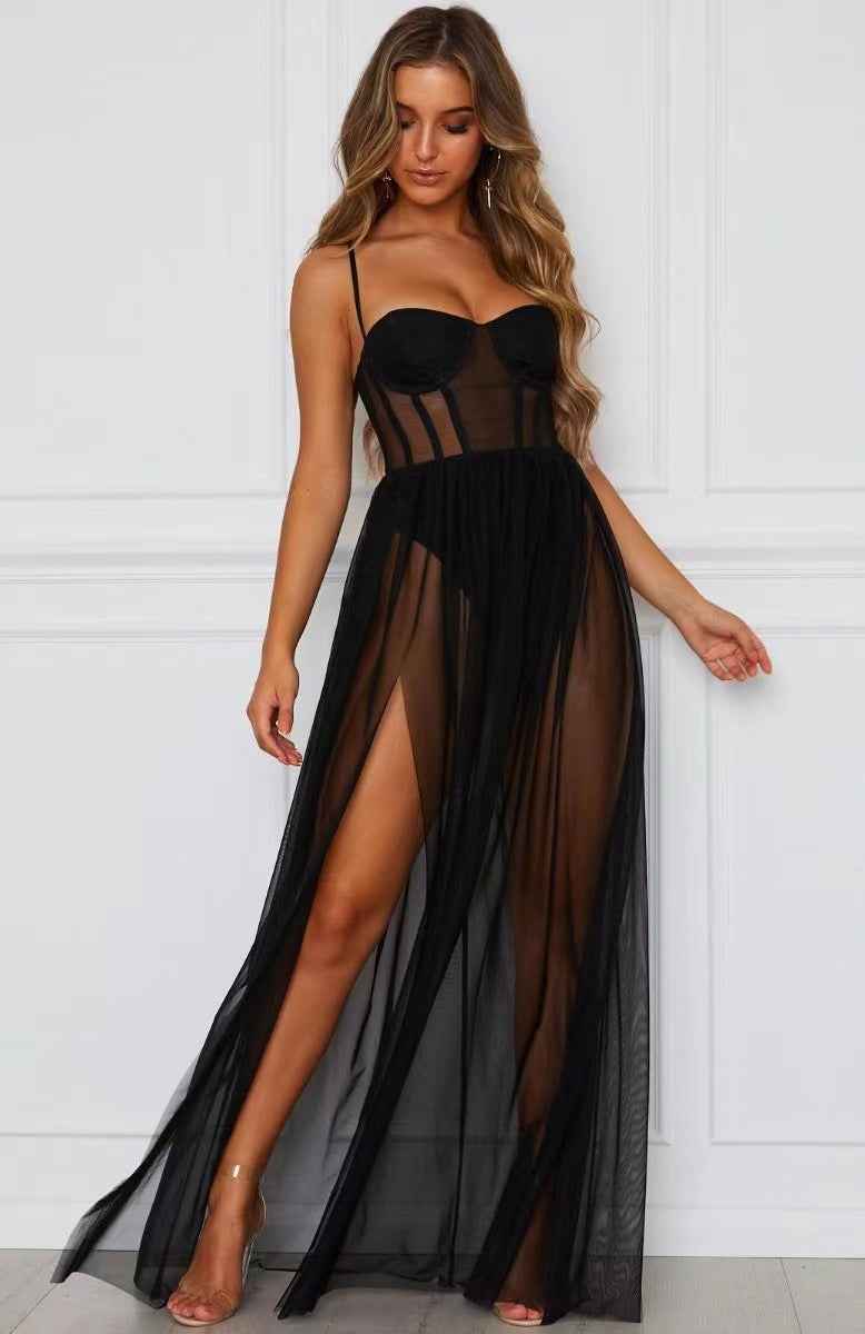 Elegant Solid Color Mesh Long Dress – Women’s Sheer Overlay Maxi Gown for Party & Evening Wear.