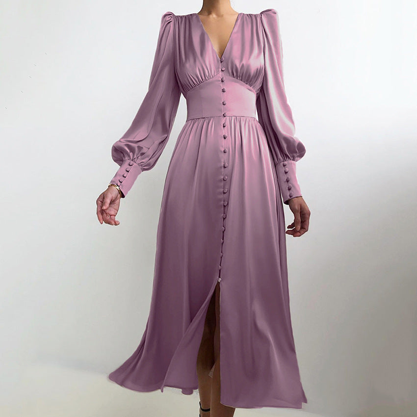 Long V-Neck Cinched Waist Retro Dress – Elegant Vintage Maxi Dress for Women.