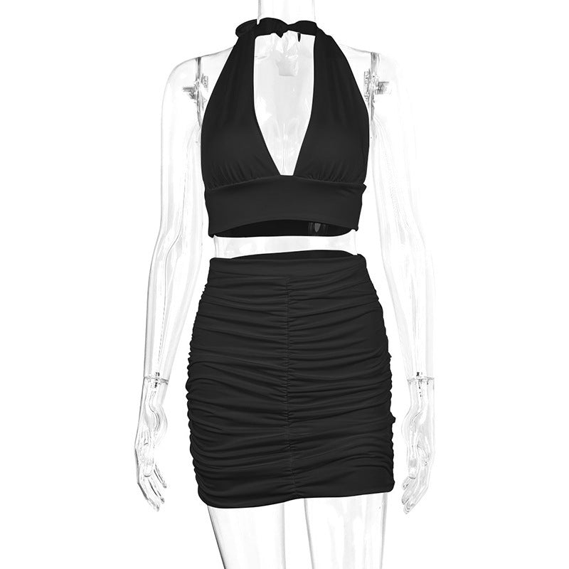 ✨ 2-Piece Women’s Halter Lace-Up Top & Pleated Skirt Set – Chic Hip-Covering Summer Outfit.