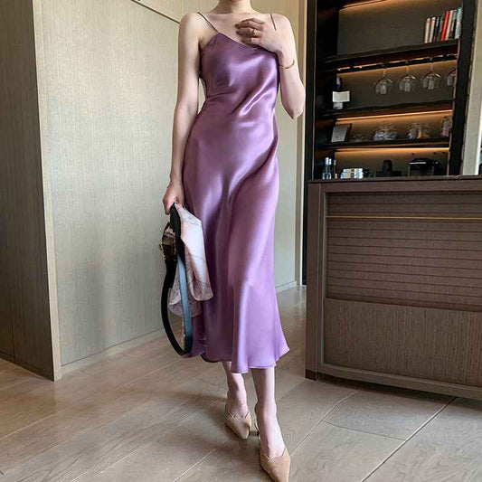 Acetate Satin Slip Dress – Loose & Slim Fit Versatile Satin Dress for All Occasions.